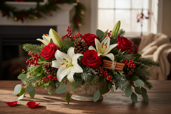 christmas floral centerpiece but make it look realistic and not ai